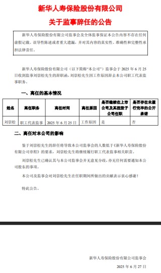 新华保险：刘崇松辞任职工代表监事