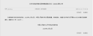央行：将于12月15日开展6000亿元买断式逆回购操作