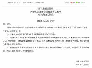 邢台银行行长、2名副行长、董事会秘书的任职资格获批