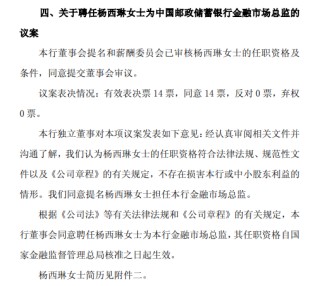 邮储银行：聘任杨西琳为金融市场总监