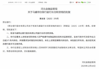 邢台银行行长、2名副行长、董事会秘书的任职资格获批