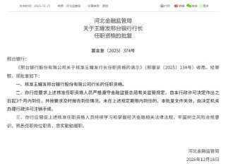 邢台银行行长、2名副行长、董事会秘书的任职资格获批