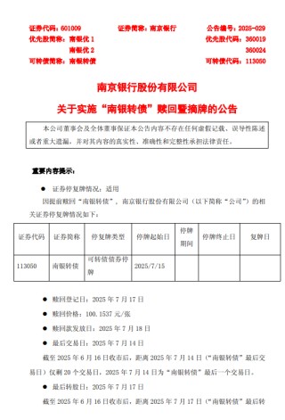 南京银行：“南银转债”将自2025年7月18日起在上海证券交易所摘牌