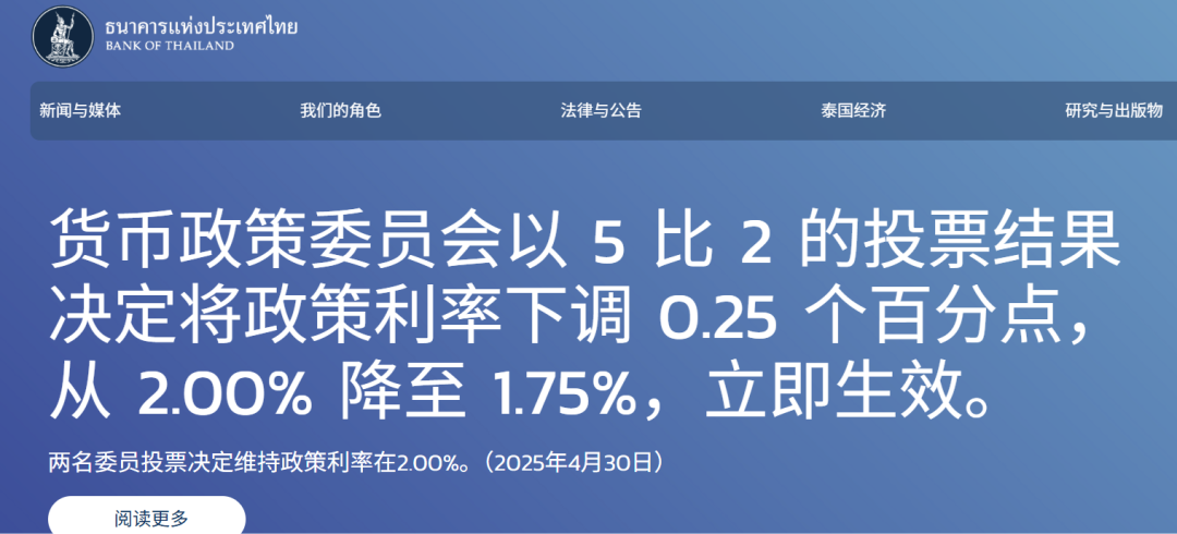 泰国央行将利率降至1.75% 以应对贸易战与地震双重挑战  第1张
