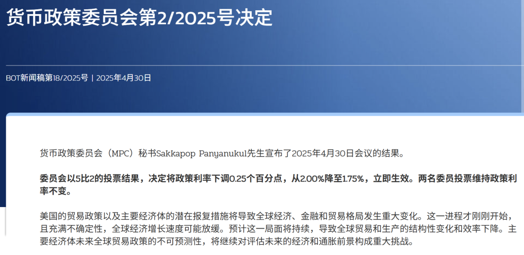 泰国央行将利率降至1.75% 以应对贸易战与地震双重挑战  第2张
