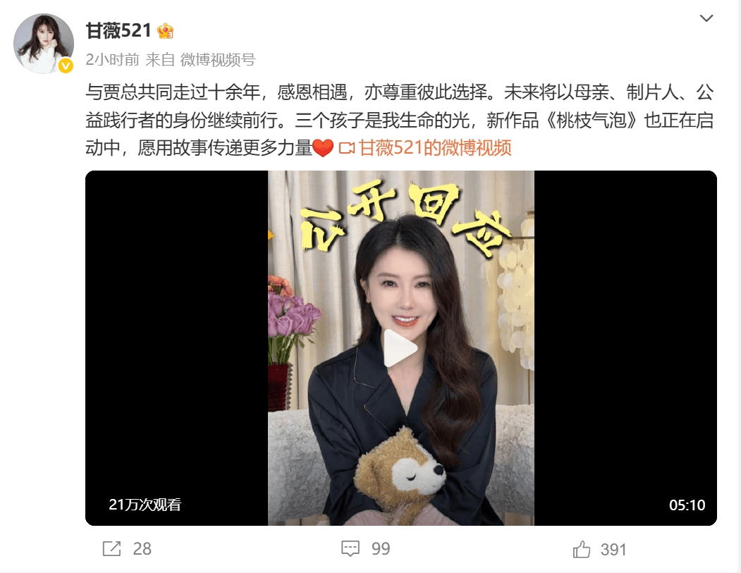 甘薇宣布和贾跃亭离婚！称贾跃亭从没给过40亿元，名下资产已被冻结，离婚是因为遭遇“丧偶式婚姻”  第1张