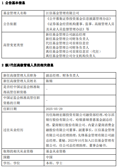 江信基金高管变更：原亮离任 新任陈锦为副总经理、财务负责人、首席信息官  第1张