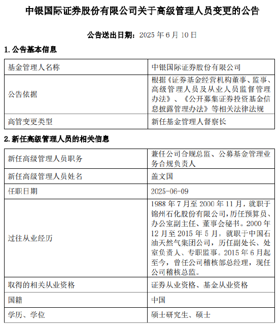 中银国际证券新任盖文国为基金管理人督察长  第1张