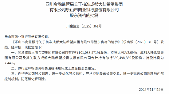 成都大陆希望集团获乐山市商业银行股东资格 合计持股7.44%  第1张
