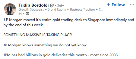 摩根大通黄金交易部门，传于上月底紧急迁至新加坡，50多名交易员及家属在一周内搬家  第4张