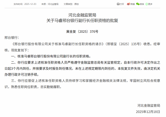 邢台银行行长、2名副行长、董事会秘书的任职资格获批  第3张