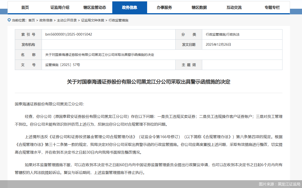因合规管理不到位，国泰海通黑龙江分公司被监管警示  第1张