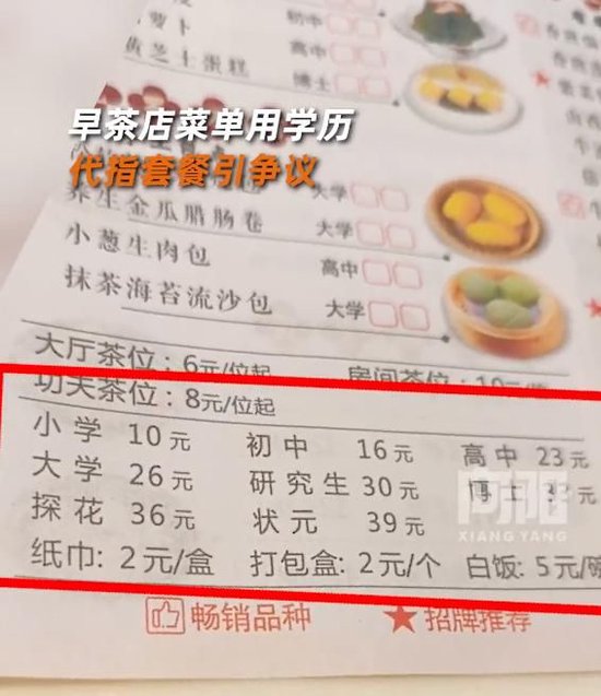 广州一早茶店菜单用学历代指套餐引争议，当地早茶店：“小学”一般是7元，“博士”一般是28元  第1张