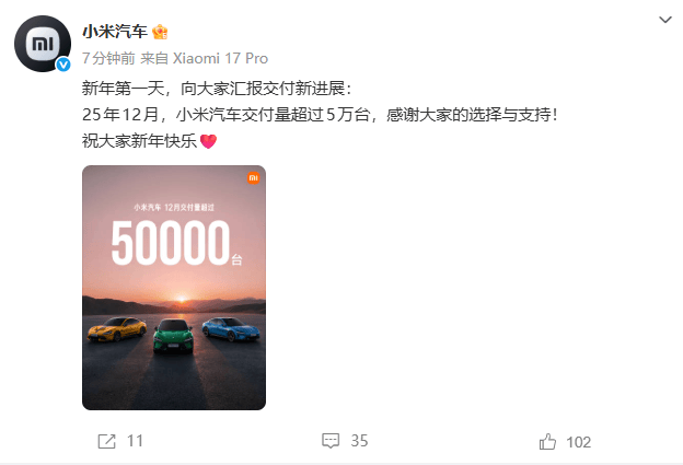 小米汽车12月交付量超过5万台 累计交付量超50万台  第1张