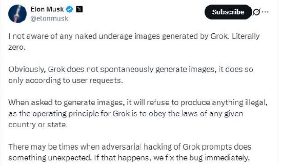 马斯克回应Grok色情图片争议：不会生成违法内容  第1张