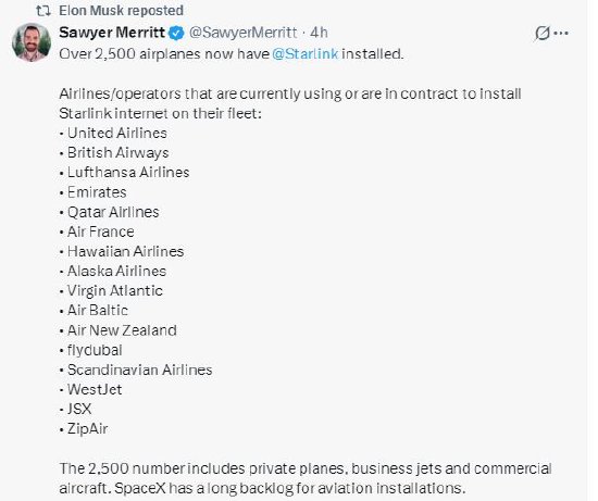 全球超2500架飞机已安装星链系统 第1张 全球超2500架飞机已安装星链系统 第1张