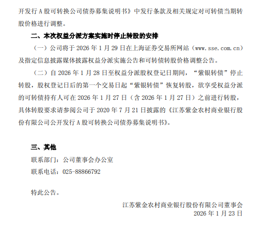 紫金银行：1月28日至权益分派股权登记日期间，“紫银转债”停止转股  第2张