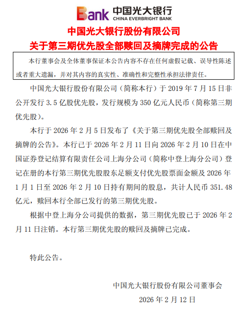 光大银行：第三期优先股全部赎回并摘牌  第1张
