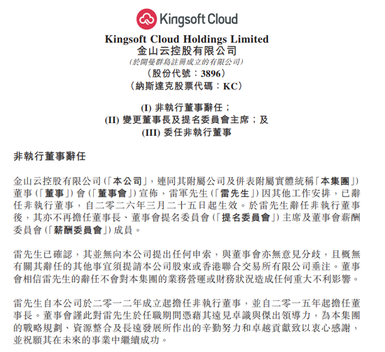 雷军不再担任金山云董事长  第1张