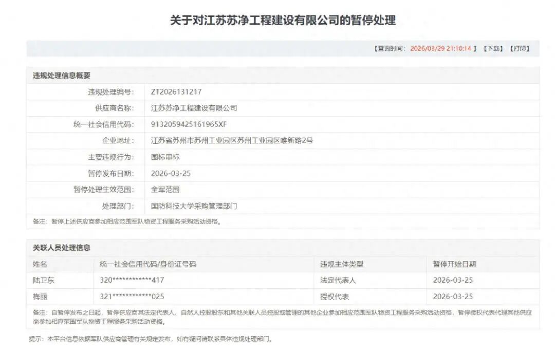 军采 “零容忍” 再亮剑：江苏苏净工程围标串标遭全链条惩戒  第1张